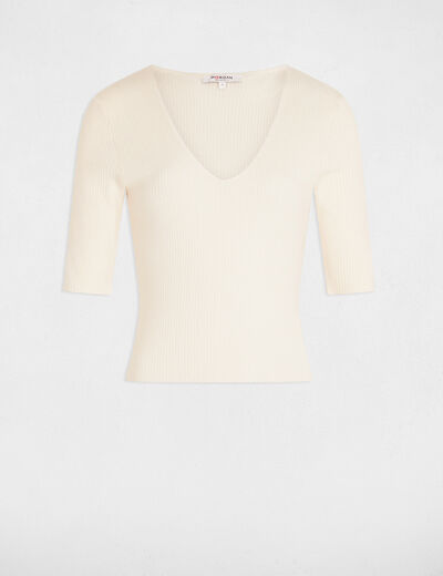Pull col en V ivoire femme