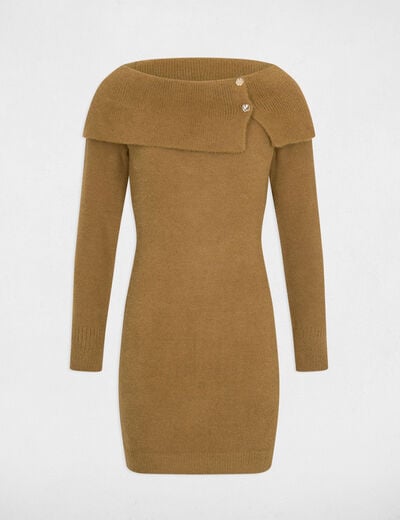 Robe tricot col bardot camel femme