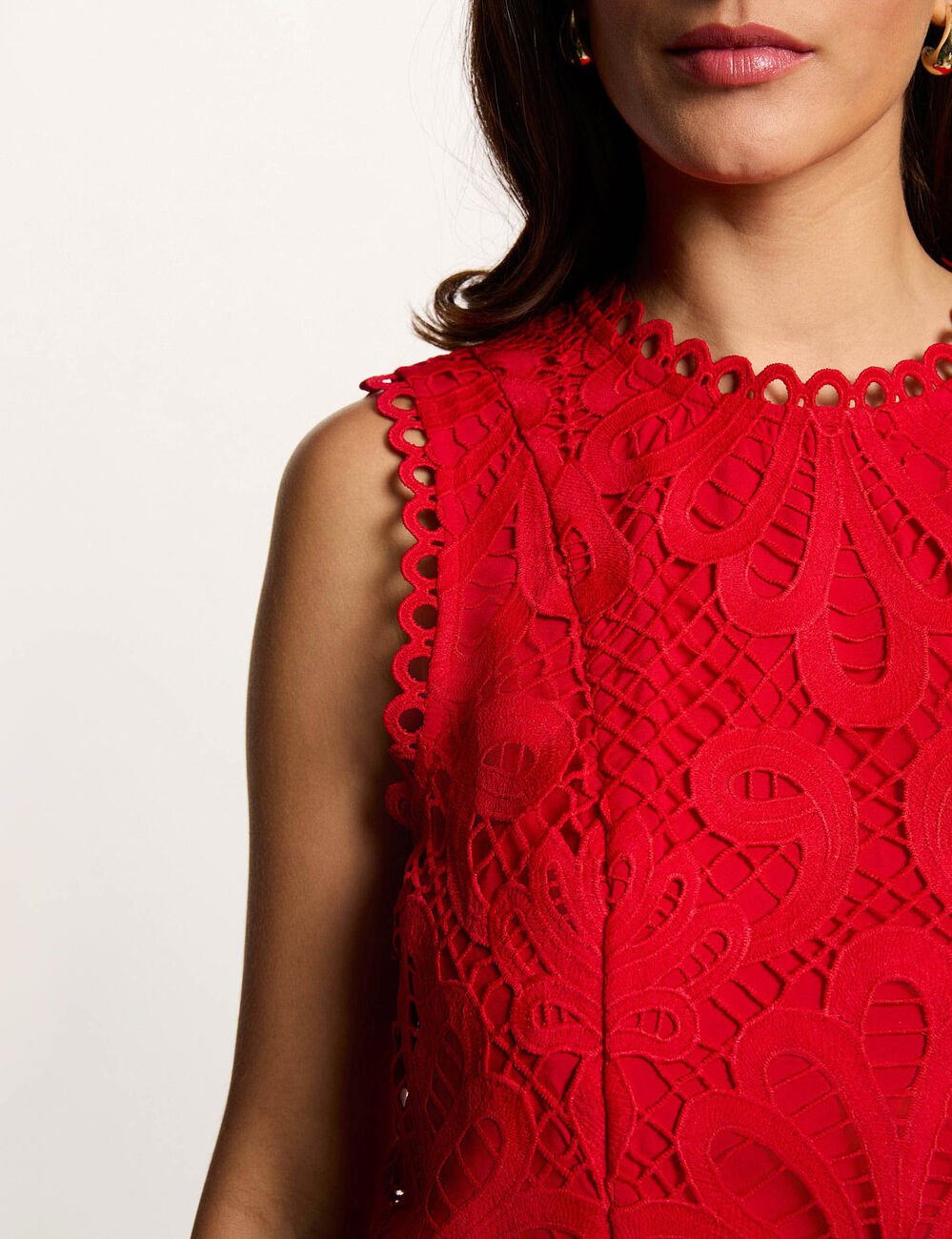 Mouwloze kanten top met print rood vrouw