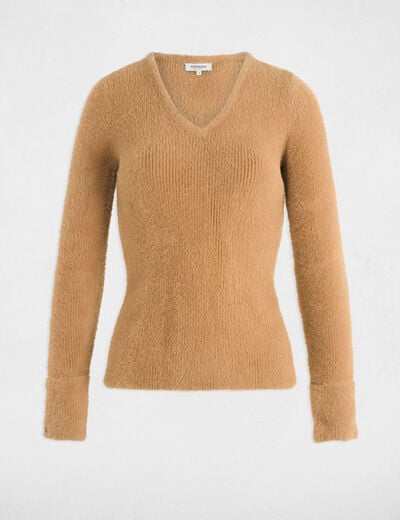 Pull manches longues maille duveteuse camel femme