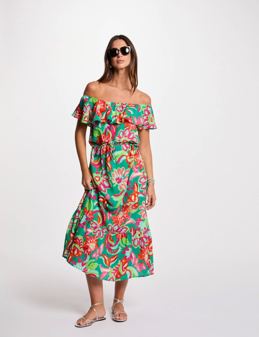 Robe midi évasée imprimée multicolore femme