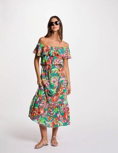 Robe midi évasée imprimée multicolore femme