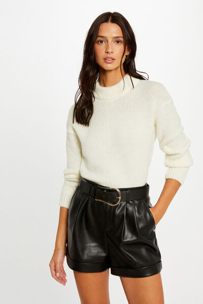 Pull manches longues col montant ivoire femme