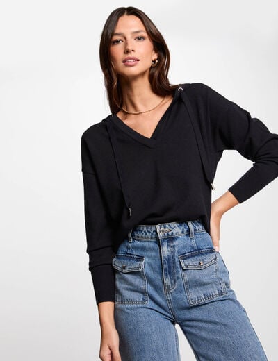 V-hals capuchontrui marineblauw vrouw