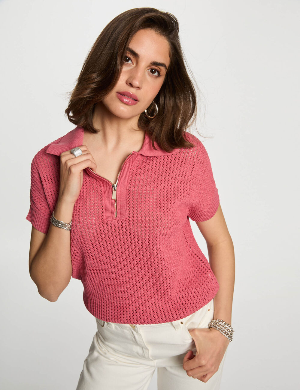 Pull col polo zippé vieux rose femme