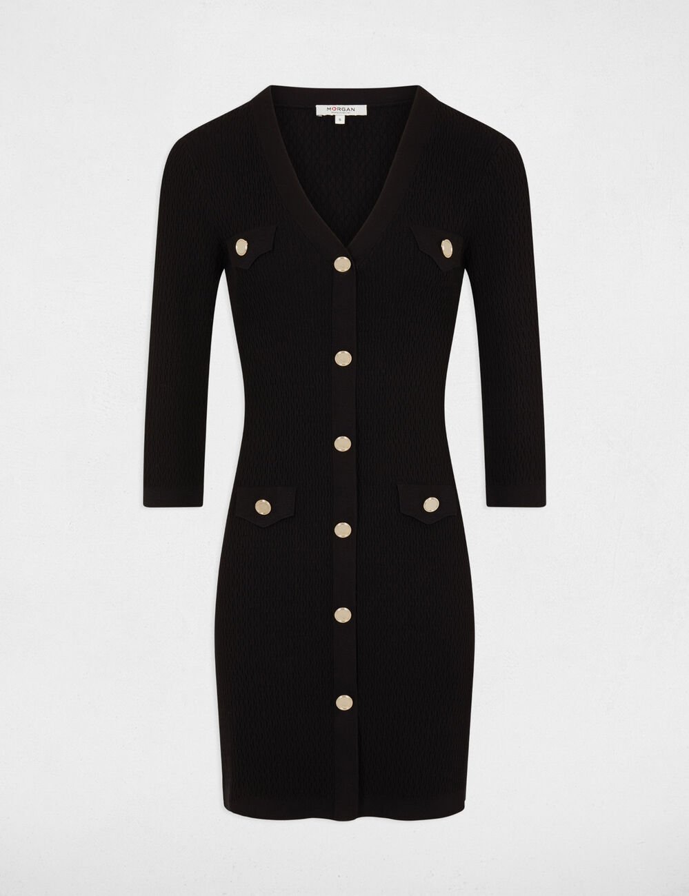 Trui-jurk met 3/4 mouwen en knopen zwart vrouw