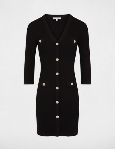 Trui-jurk met 3/4 mouwen en knopen zwart vrouw