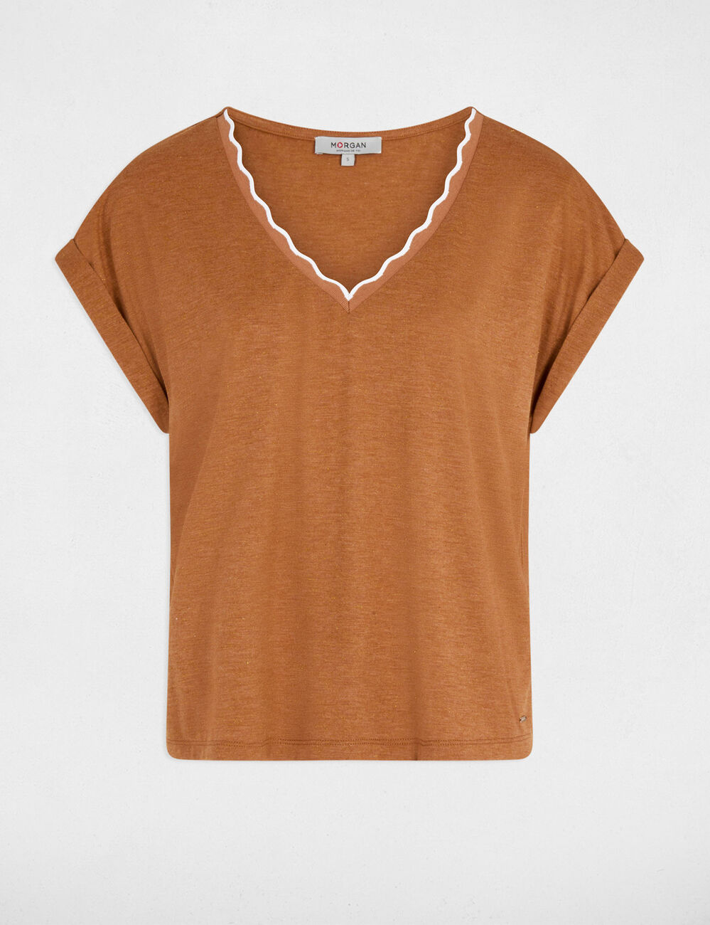 T-shirt col v manches courtes camel femme