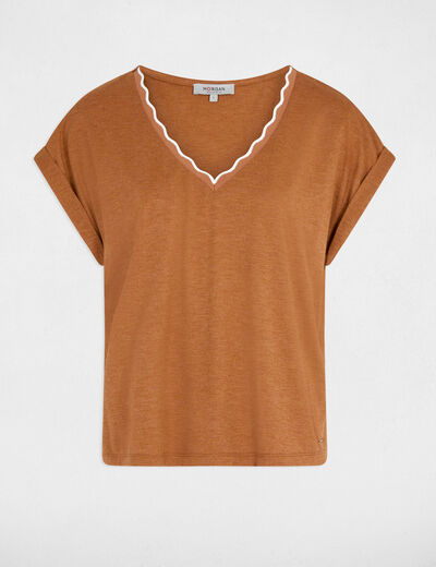 T-shirt col v manches courtes camel femme