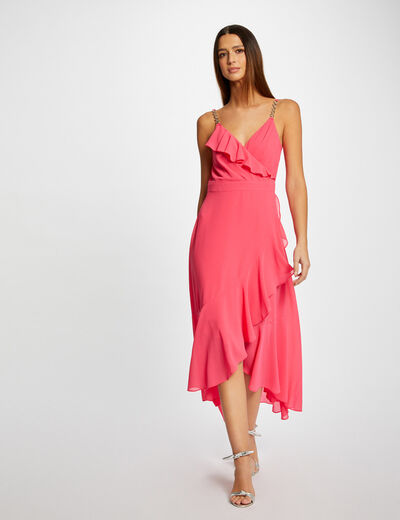 Lange uitlopende jurk met ruches roze vrouw