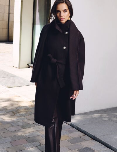 Manteau long col montant marron foncé femme
