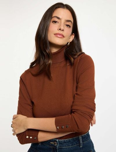 Pull col roulé marron cognac femme