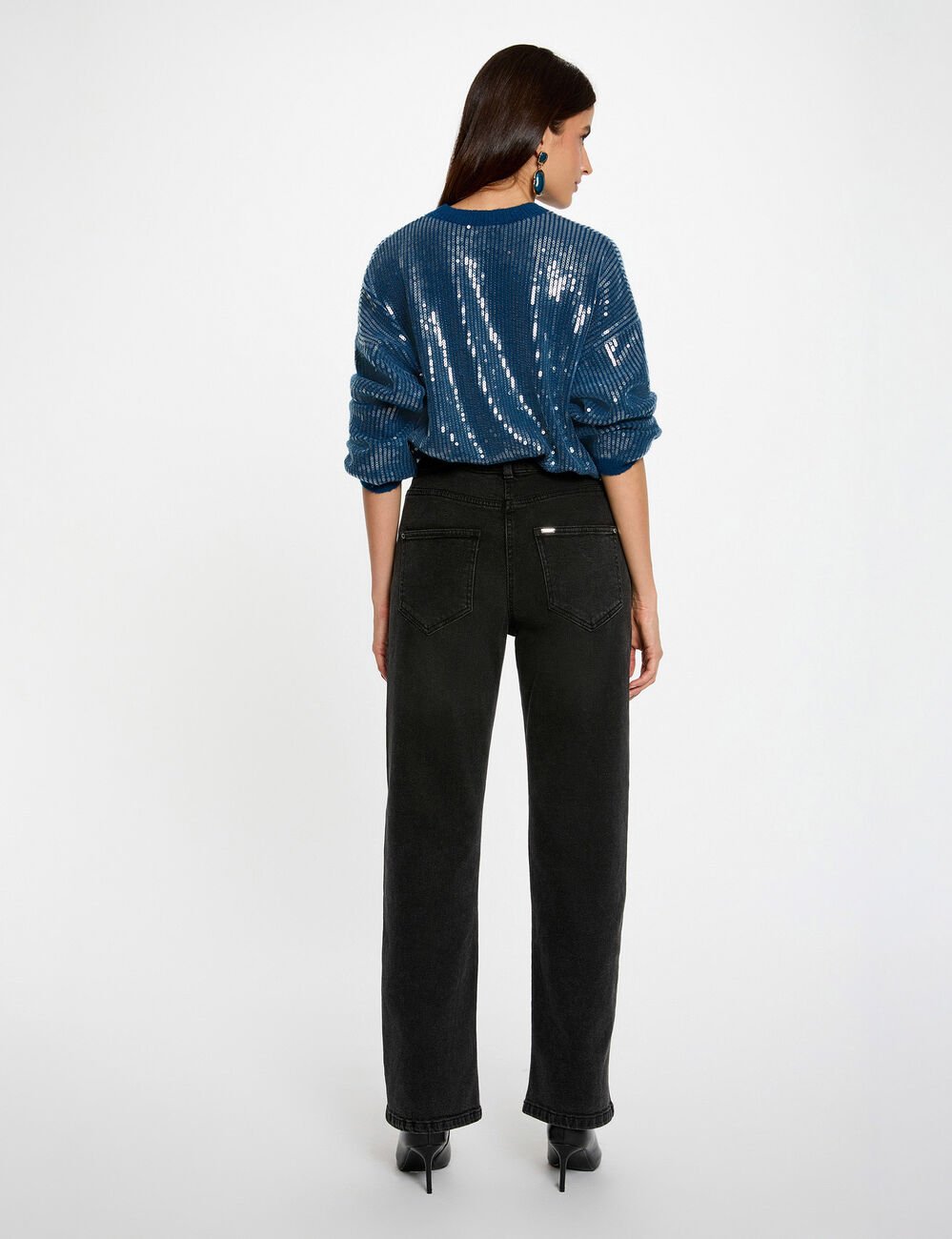 Pull sequins col rond bleu pétrole femme