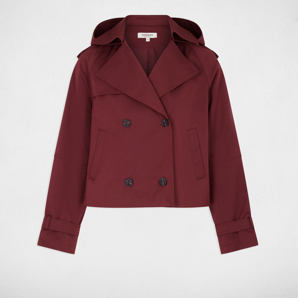 Korte trench met capuchon bordeaux vrouw