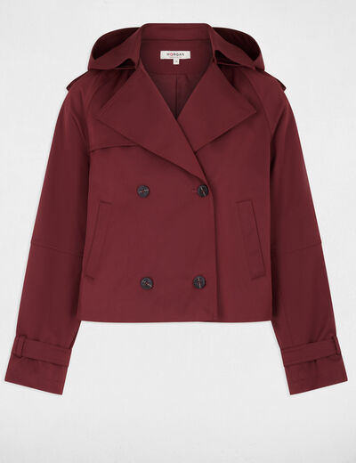 Korte trench met capuchon bordeaux vrouw