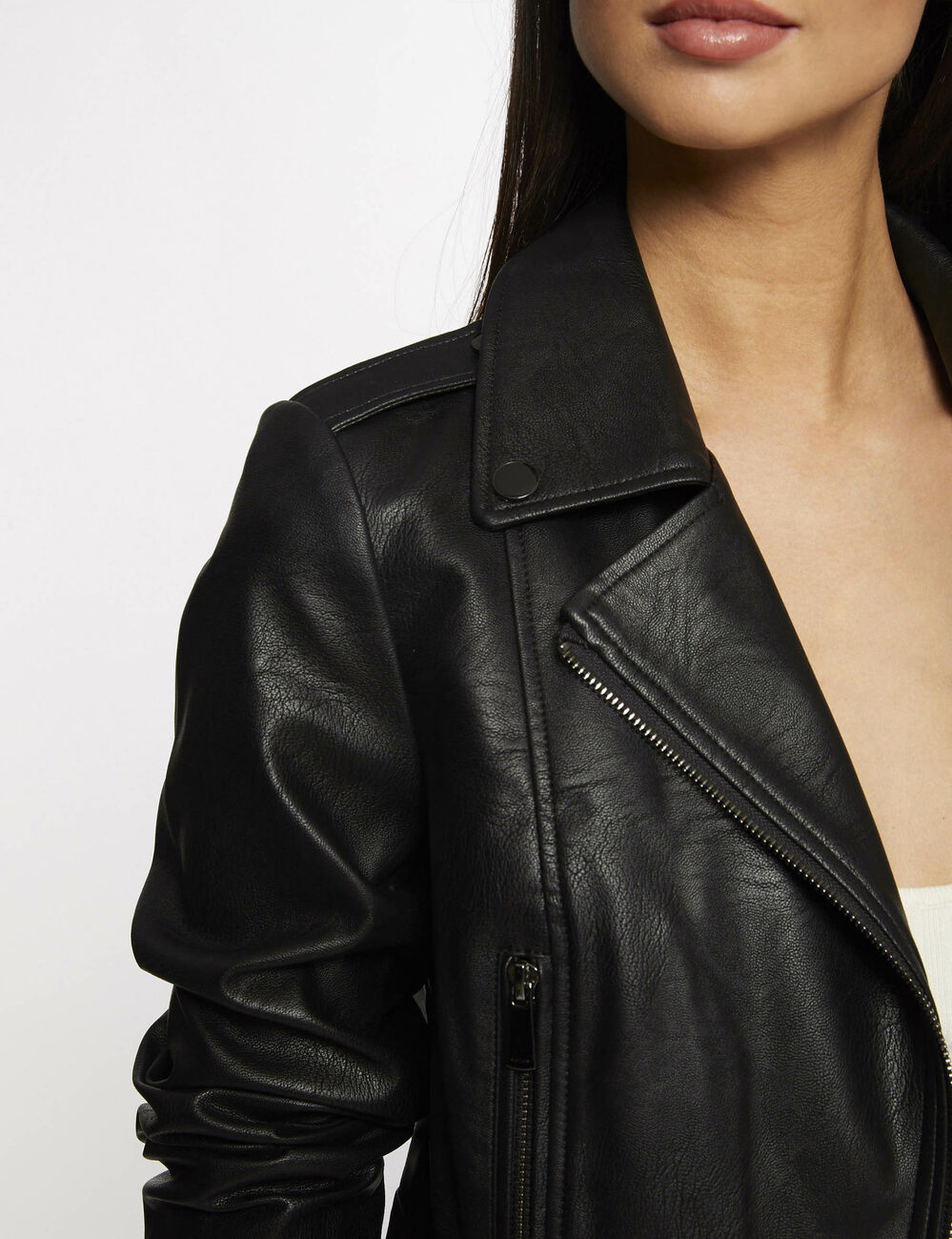Blouson droit zippé simili cuir noir femme