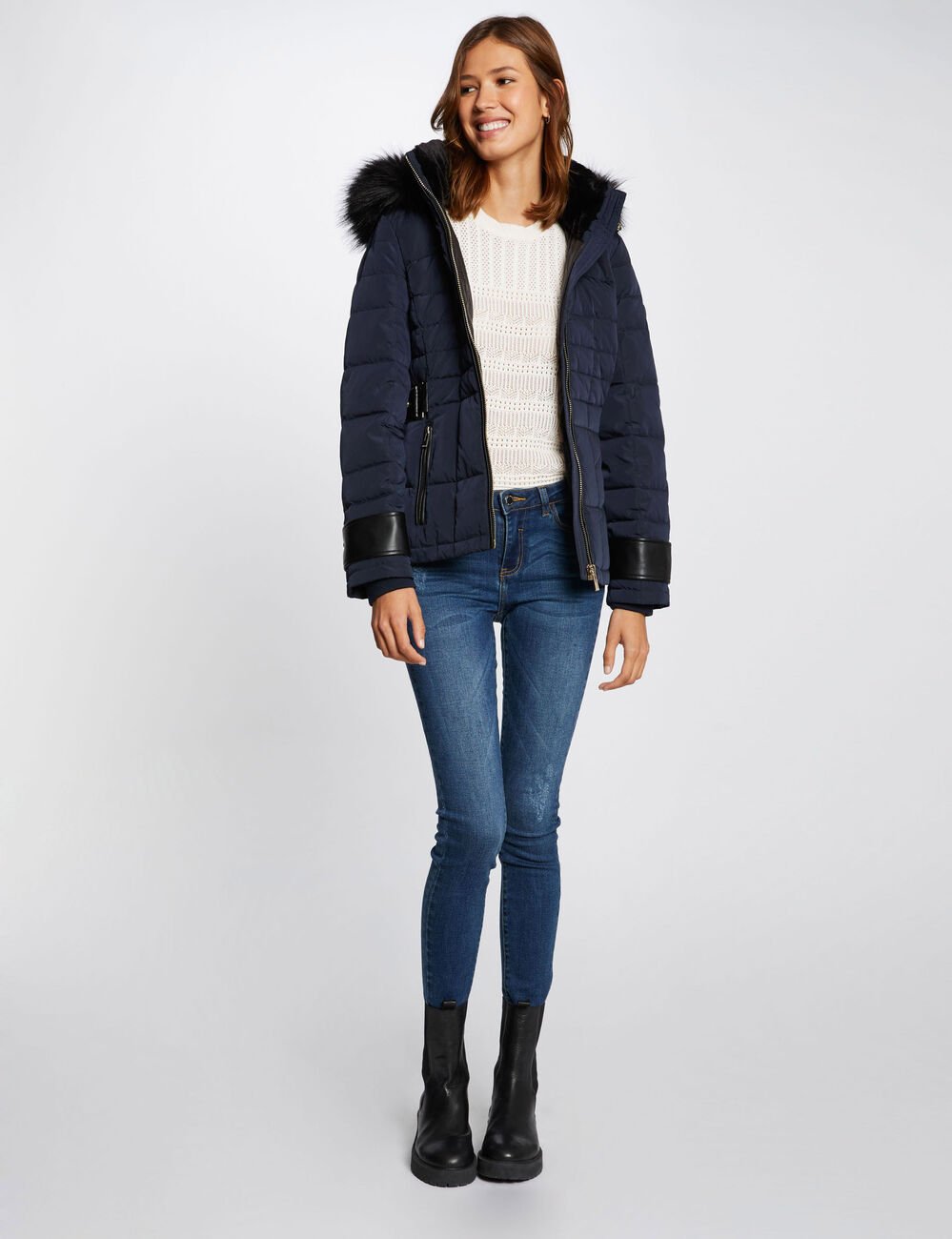 Doudoune droite à capuche bleu marine femme