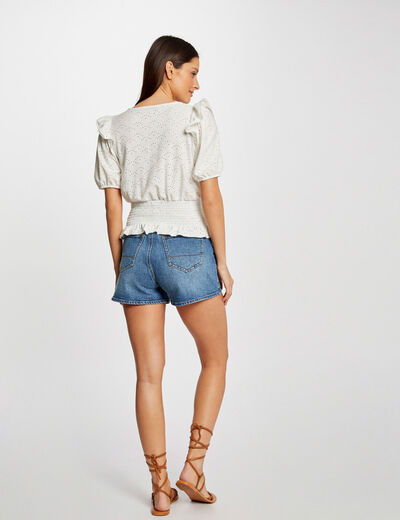 T-shirt manches courtes brodé ecru femme