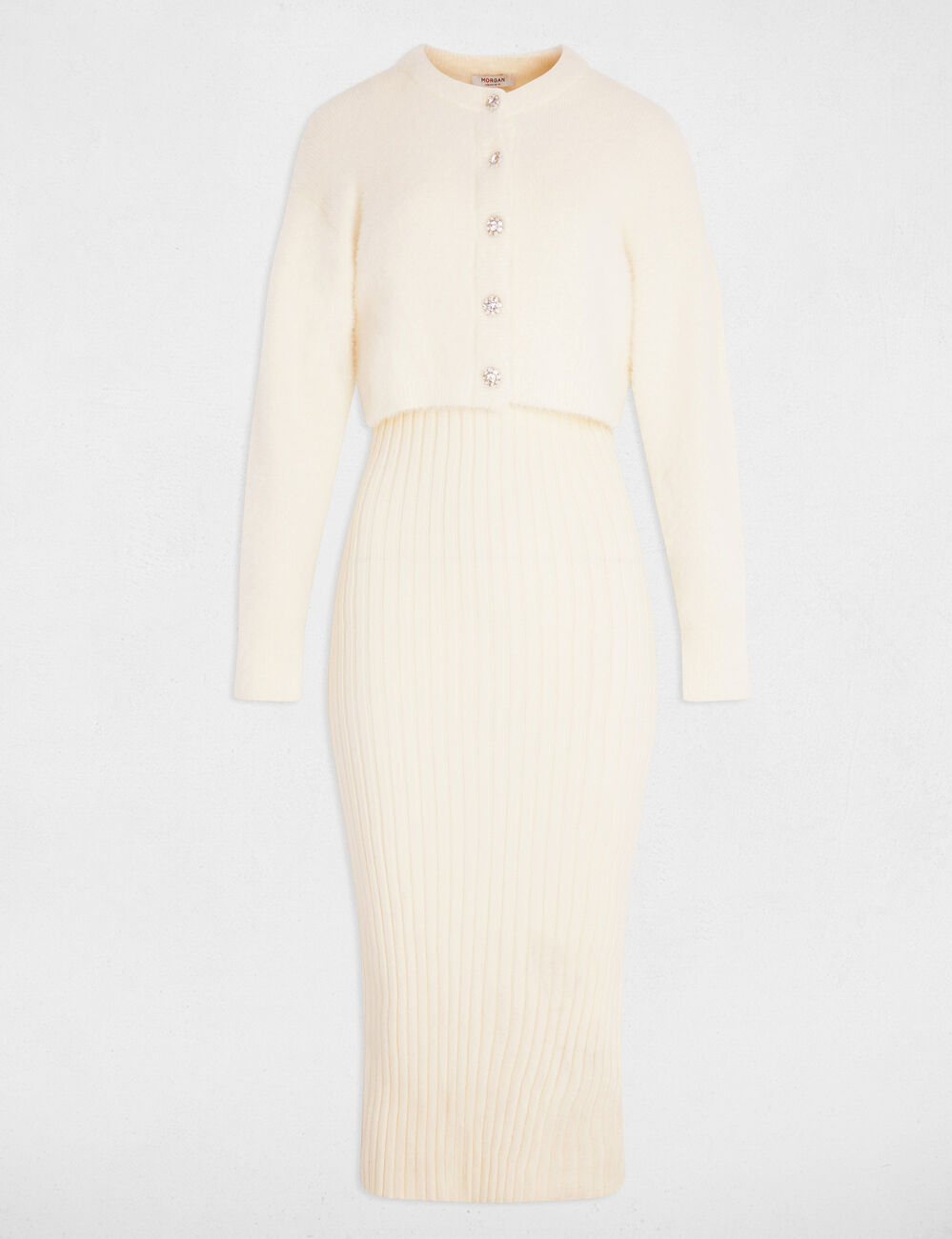 Robe tricot cintr&eacute;e ivoire femme