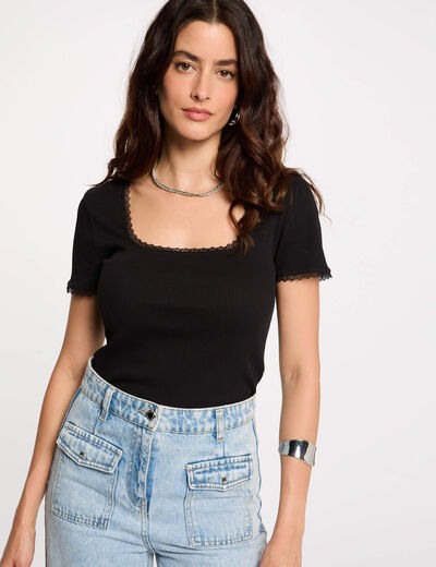 T-shirt korte geribbelde mouwen zwart vrouw