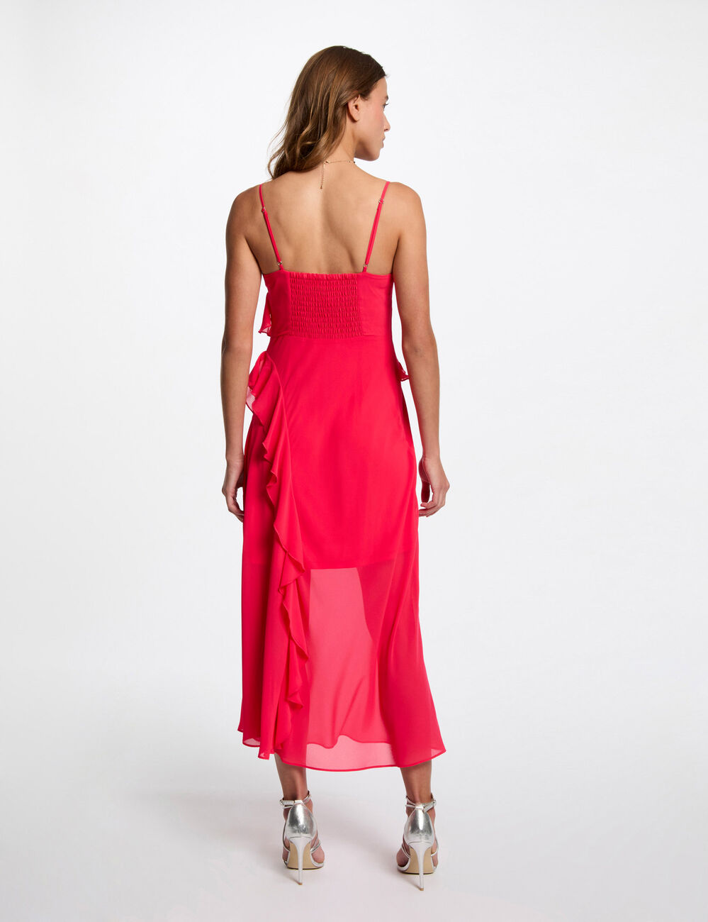 Aansluitende midi-jurk met ruches fuchsia roze vrouw
