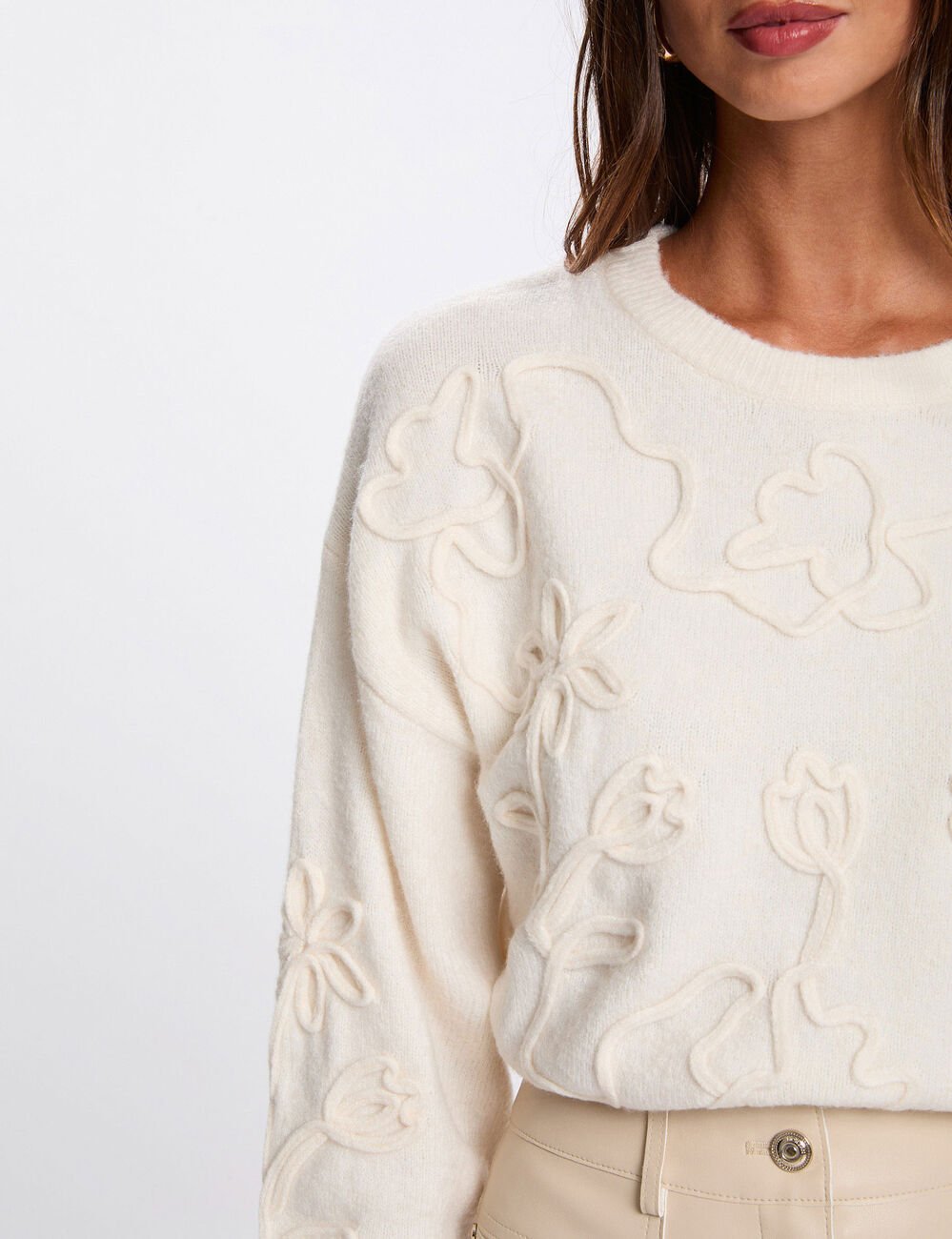 Pull col rond fantaisie ivoire femme