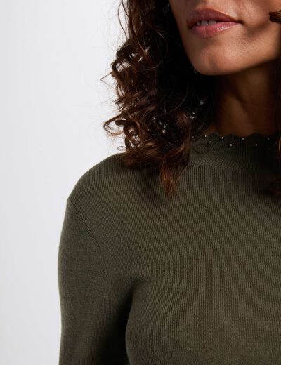 Pull ajusté col rond vert kaki femme