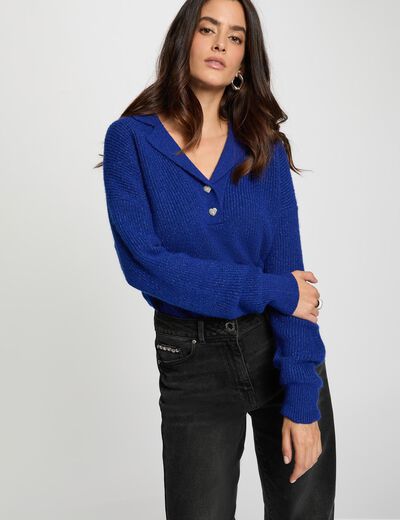 Pull court col à revers bleu pétrole femme