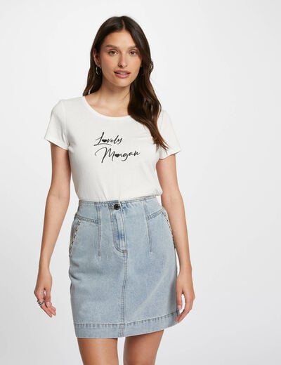 T-shirt geborduurd opschrift ecru vrouw