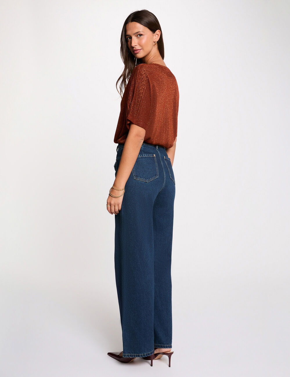 Pull oversize col v marron cognac femme