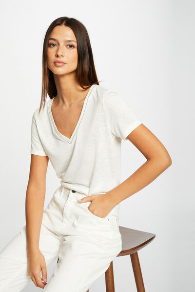 T-shirt met V-hals en korte mouwen ecru vrouw