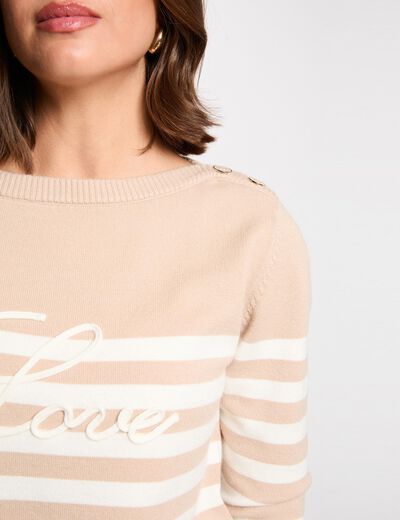 Gestreepte geborduurde trui marron clair vrouw