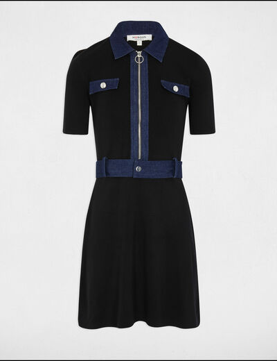 Robe tricot courte trapèze noir femme