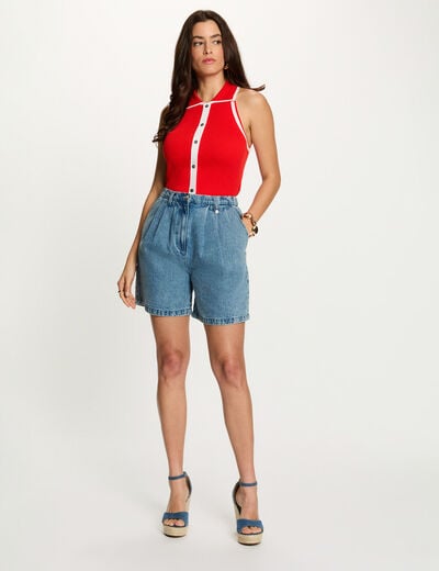 High-waist short dubbel stone washed denim vrouw