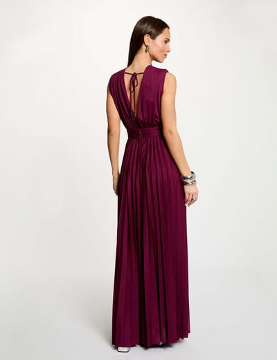 Robe longue droite pliss&eacute;e prune femme