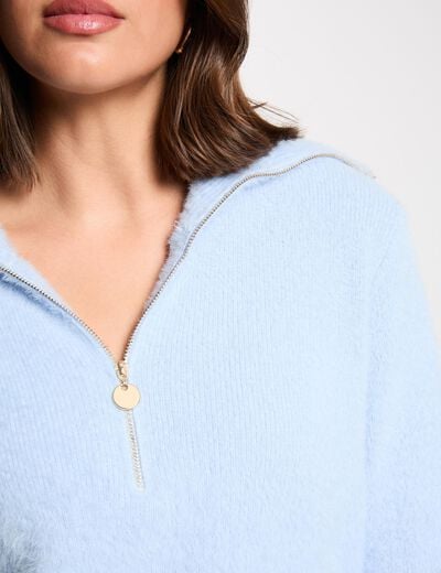 Pull manches longues à col zippé bleu ciel femme