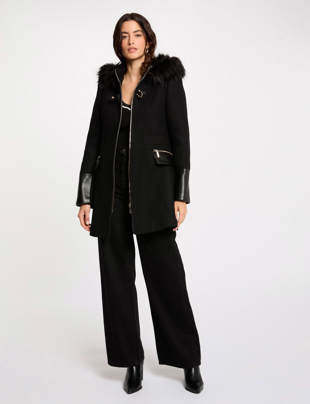 Manteau droit zippé à capuche noir femme
