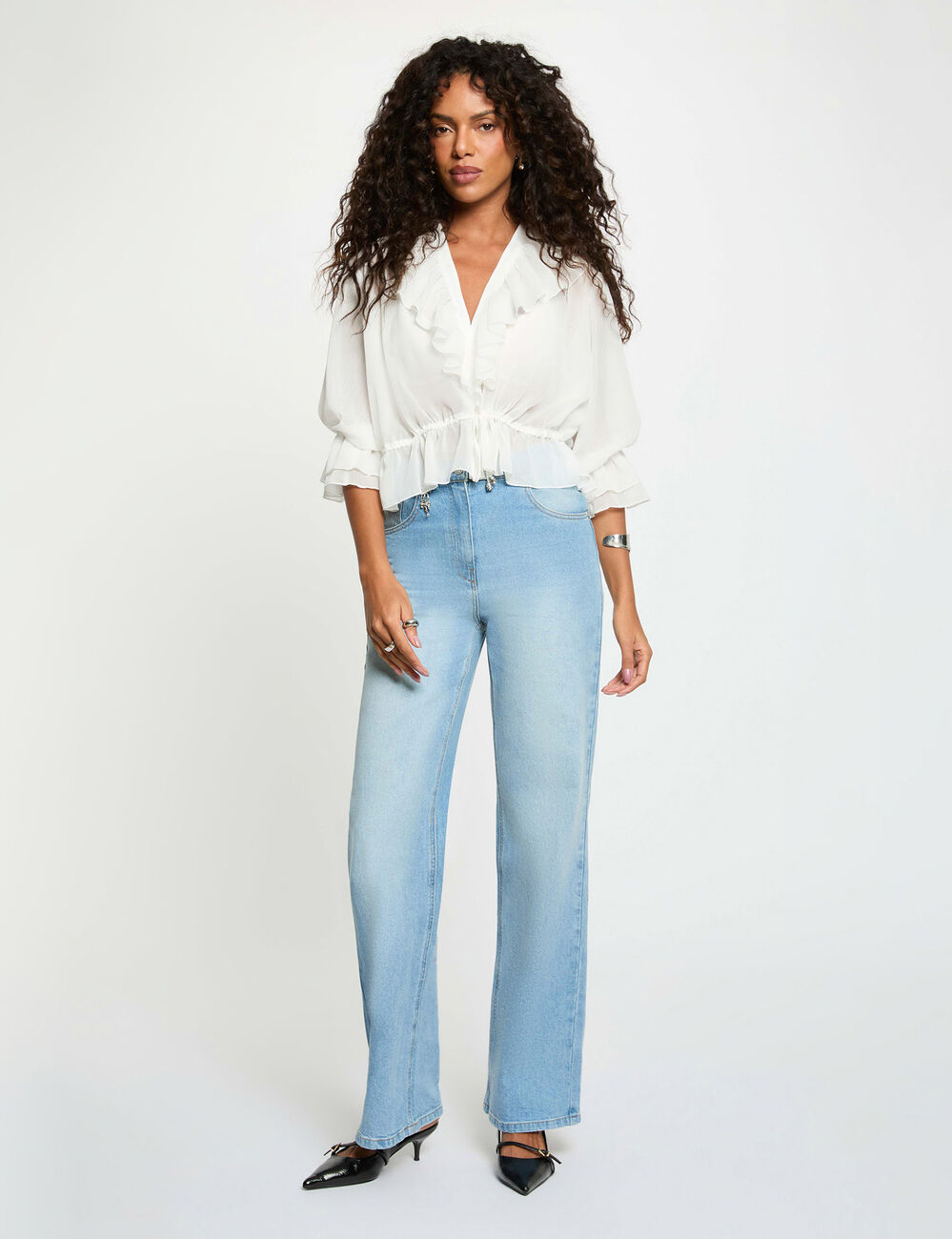 Blouse van voile met V-hals helder wit vrouw