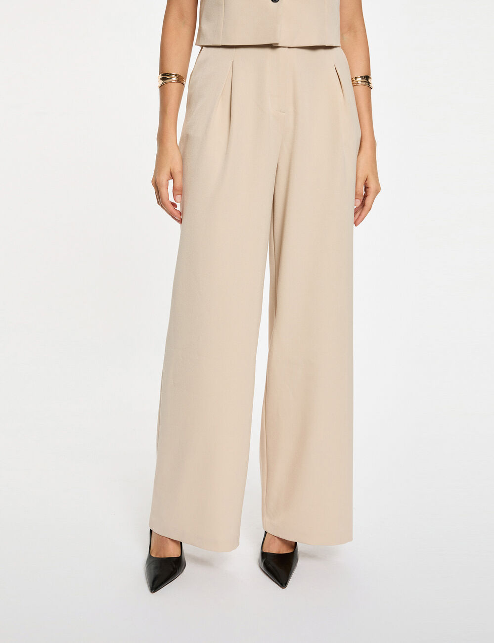 Pantalon large taille haute beige femme