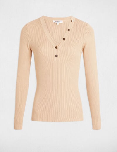 Pull col v ajusté marron clair femme