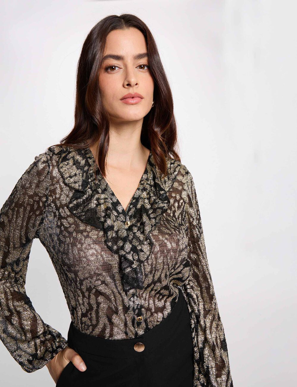 Lange mouwen V-hals T-shirt goudgeel vrouw