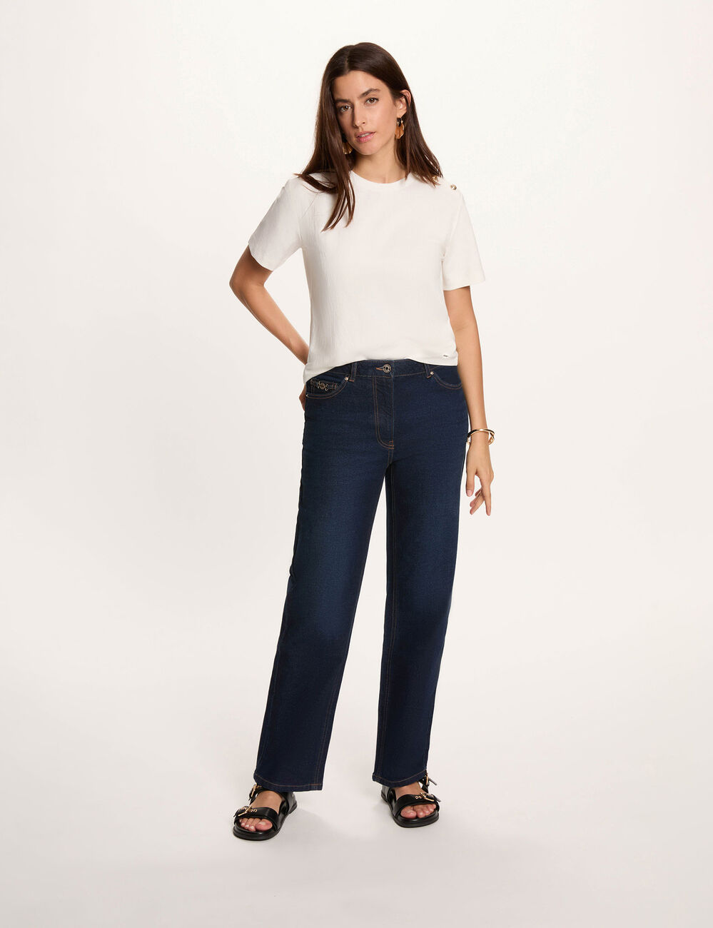 T-shirt col rond boutons blanc femme