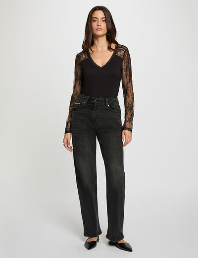 T-shirt dentelle col v noir femme