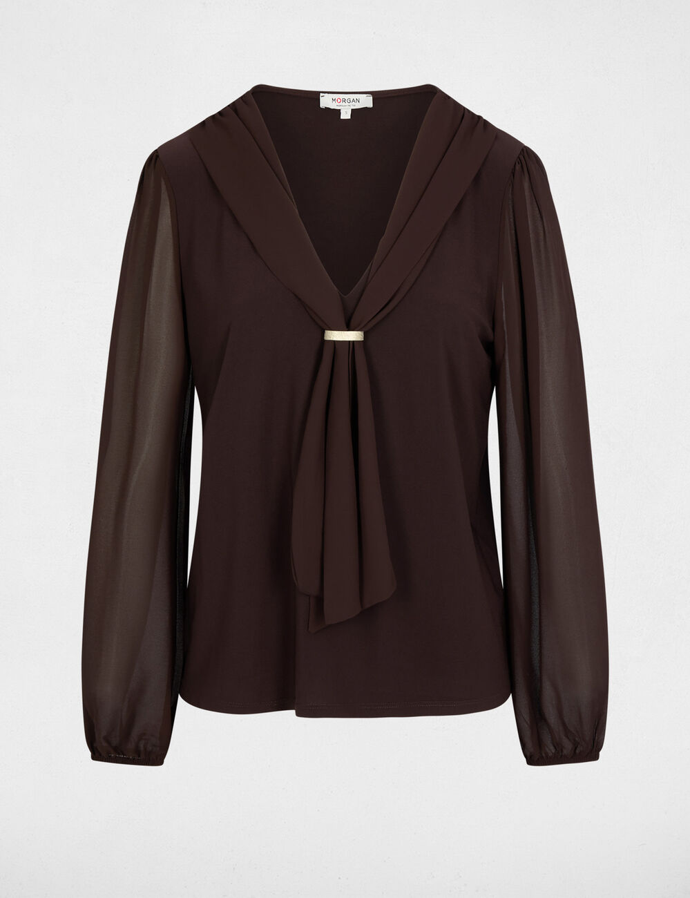 T-shirt voile col lavalli&egrave;re marron fonc&eacute; femme