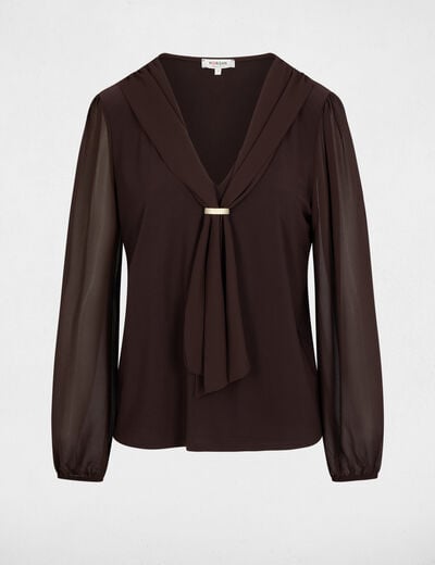 T-shirt voile col lavalli&egrave;re marron fonc&eacute; femme