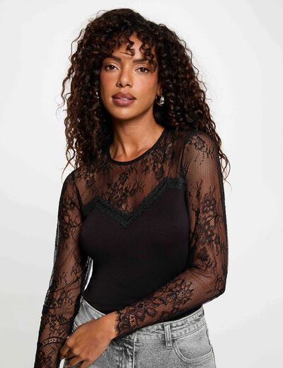 T-shirt dentelle col rond noir femme
