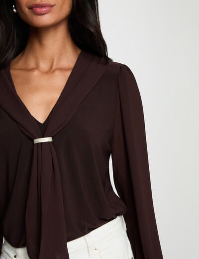 T-shirt voile col lavalli&egrave;re marron fonc&eacute; femme