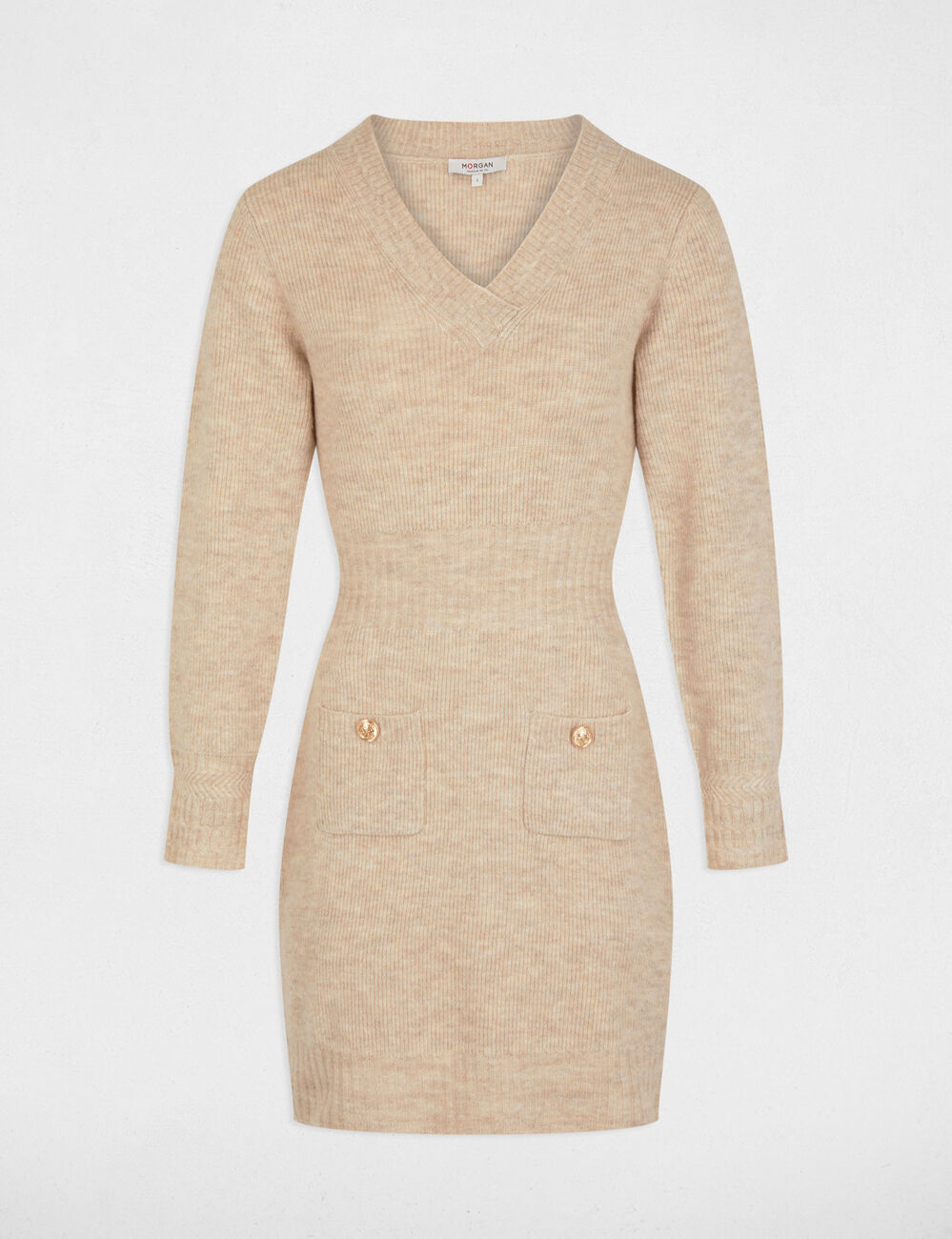 Robe tricot courte ajustée beige femme