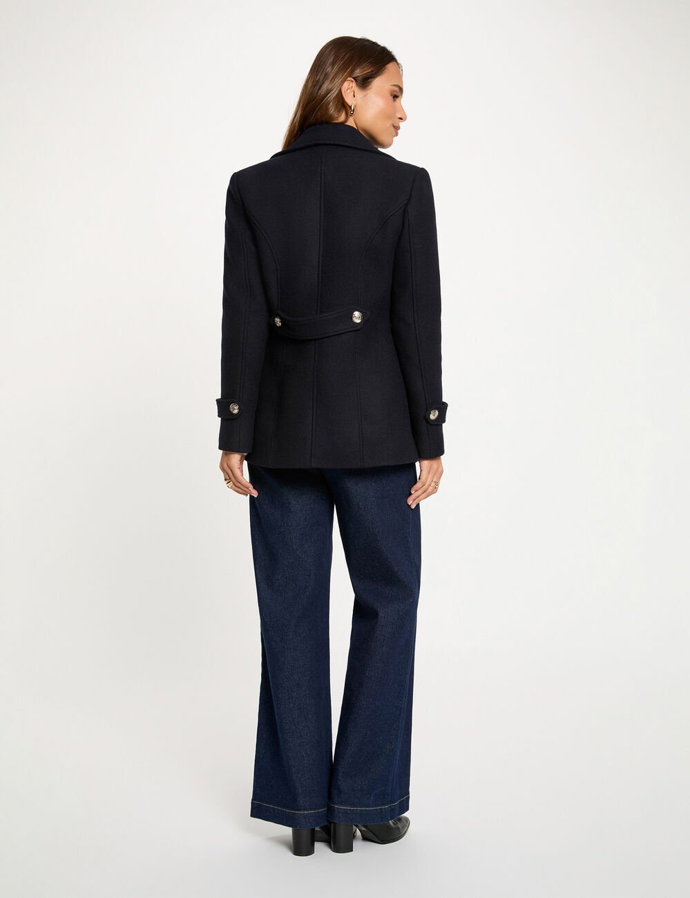 Manteau droit col tailleur bleu marine femme