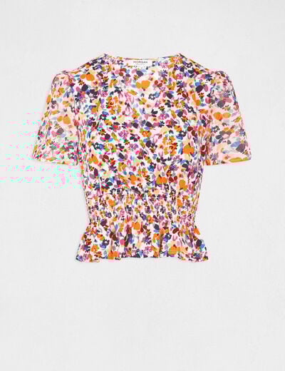 T-shirt manches courtes imprimé floral ecru femme
